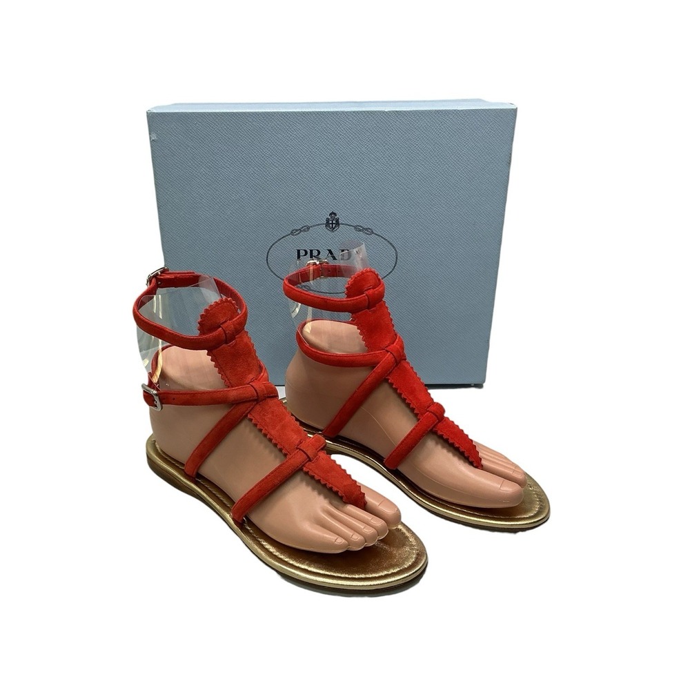PRADA RED SUEDE GLADIATOR STRAPPY SUMMER SANDALS WOMEN'S SIZE 37.5 EU